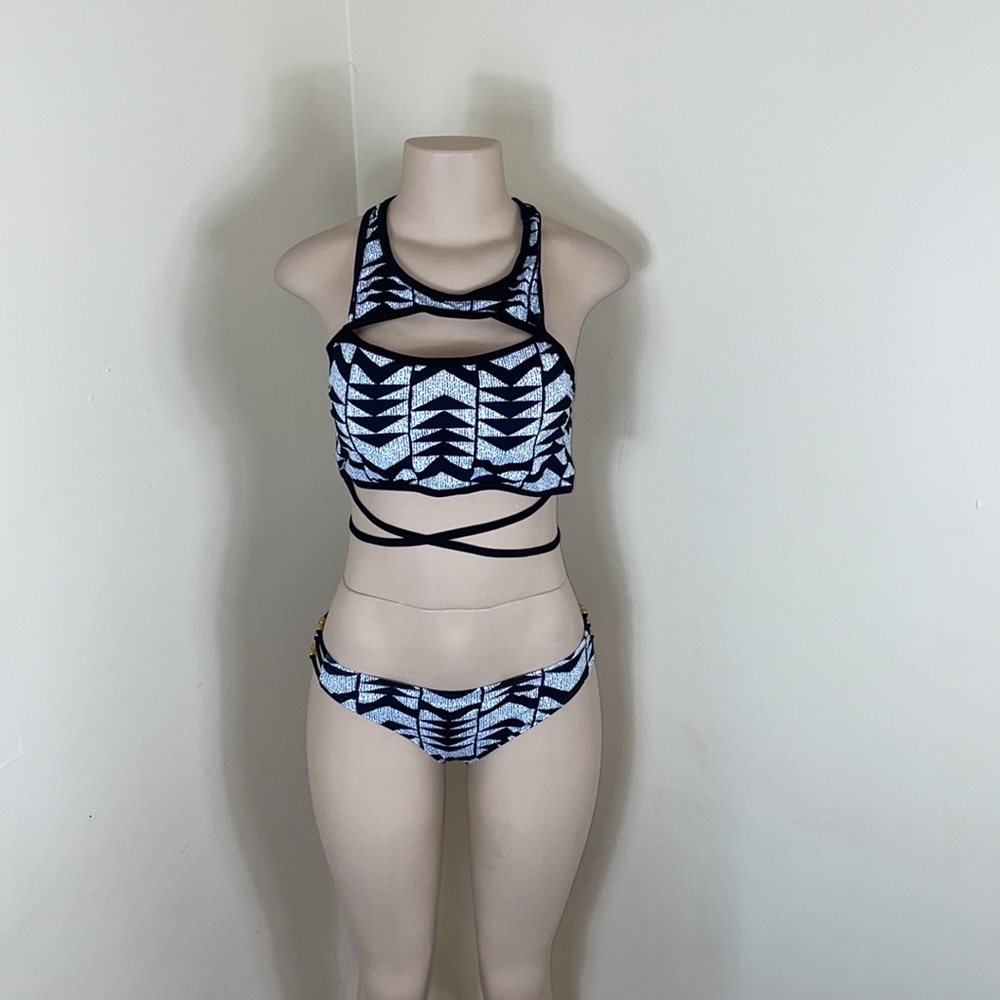 Black White Cut Out Strappy Crisscross Gold Bikini